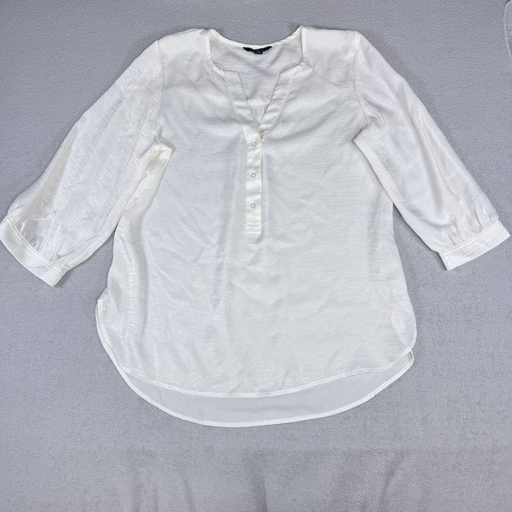Banana Republic Womens Blouse Large Ivory Split Neck 3/4 Sleeve High Low Hem Top